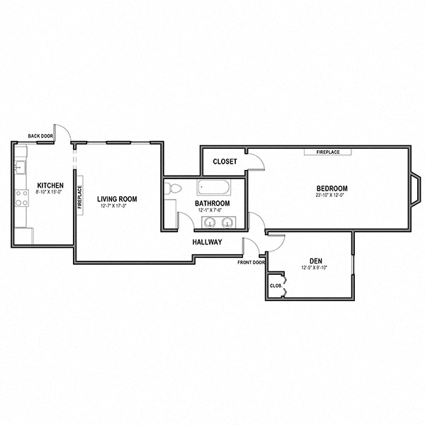 Floor plan for 1 bed, 1 bath, 900 sqft